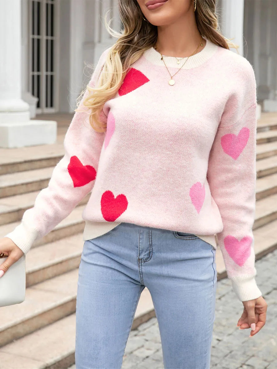 Heart Print Long Sleeve Loose Valentines Pullover
