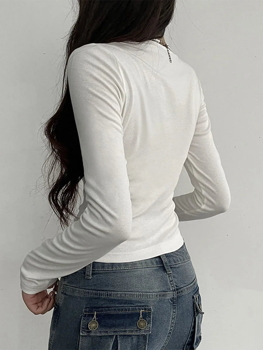 Women Y2K Tops Fall Casual Coquette Clothes Solid Color Lace Trim Long Sleeve Slim T Shirts 2000s Streetwear Going Out Tops