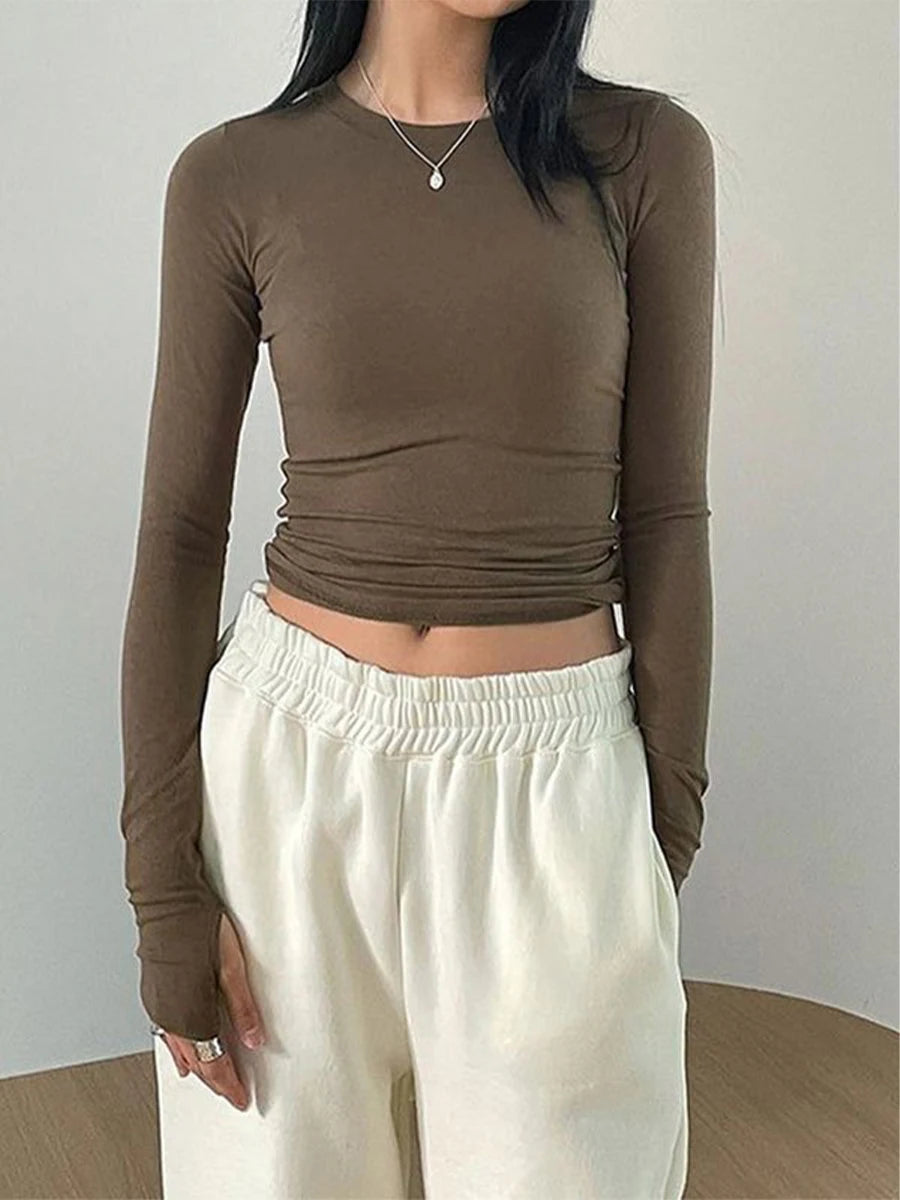 Women Casual Thumb Hole Shirt Trendy Fit Long Sleeve Round Neck Tops Summer Solid Color Tee