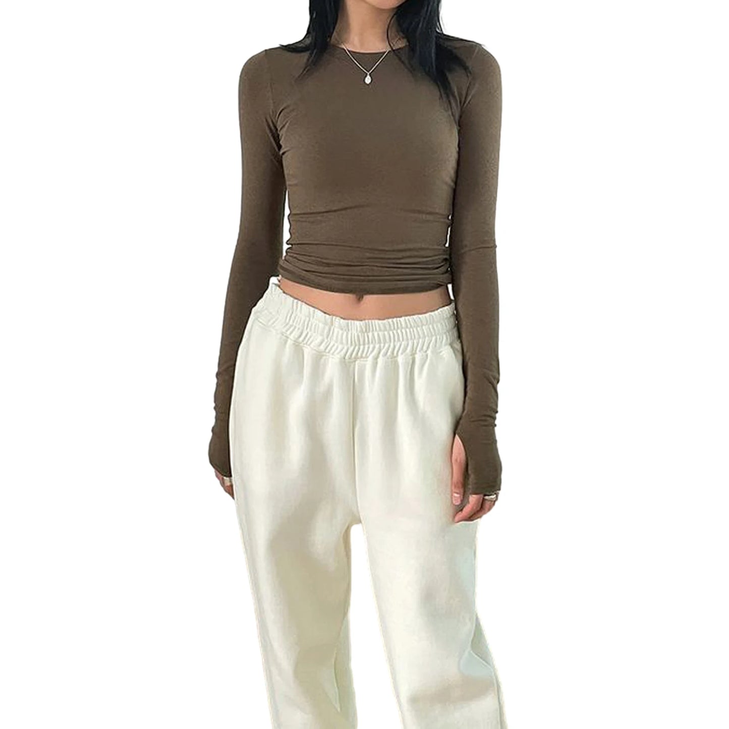 Women Casual Thumb Hole Shirt Trendy Fit Long Sleeve Round Neck Tops Summer Solid Color Tee