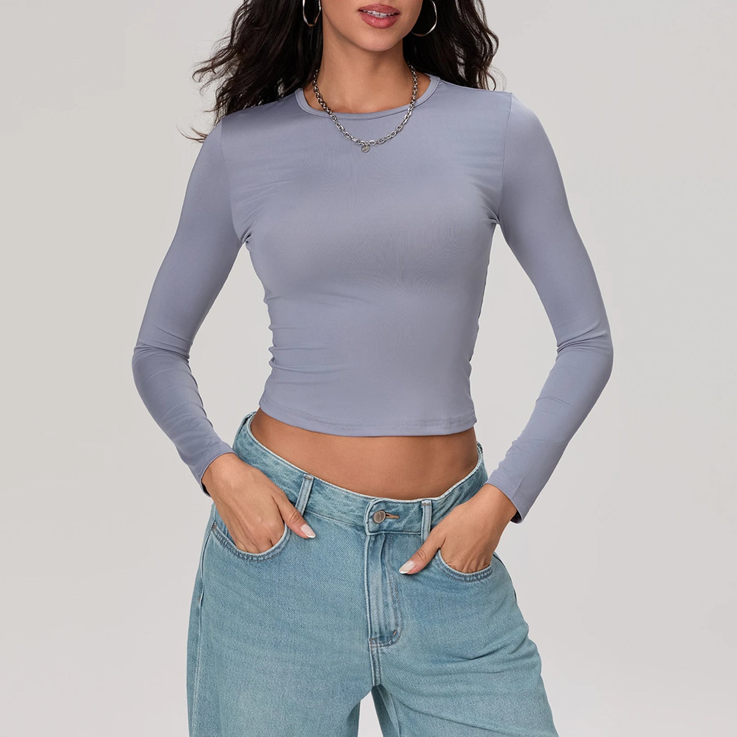 Slim round neck long sleeve Cropped Tops,