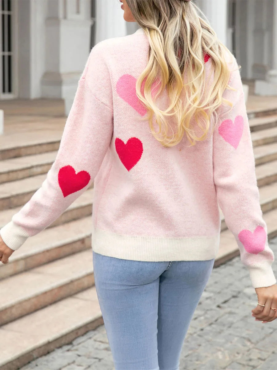 Heart Print Long Sleeve Loose Valentines Pullover