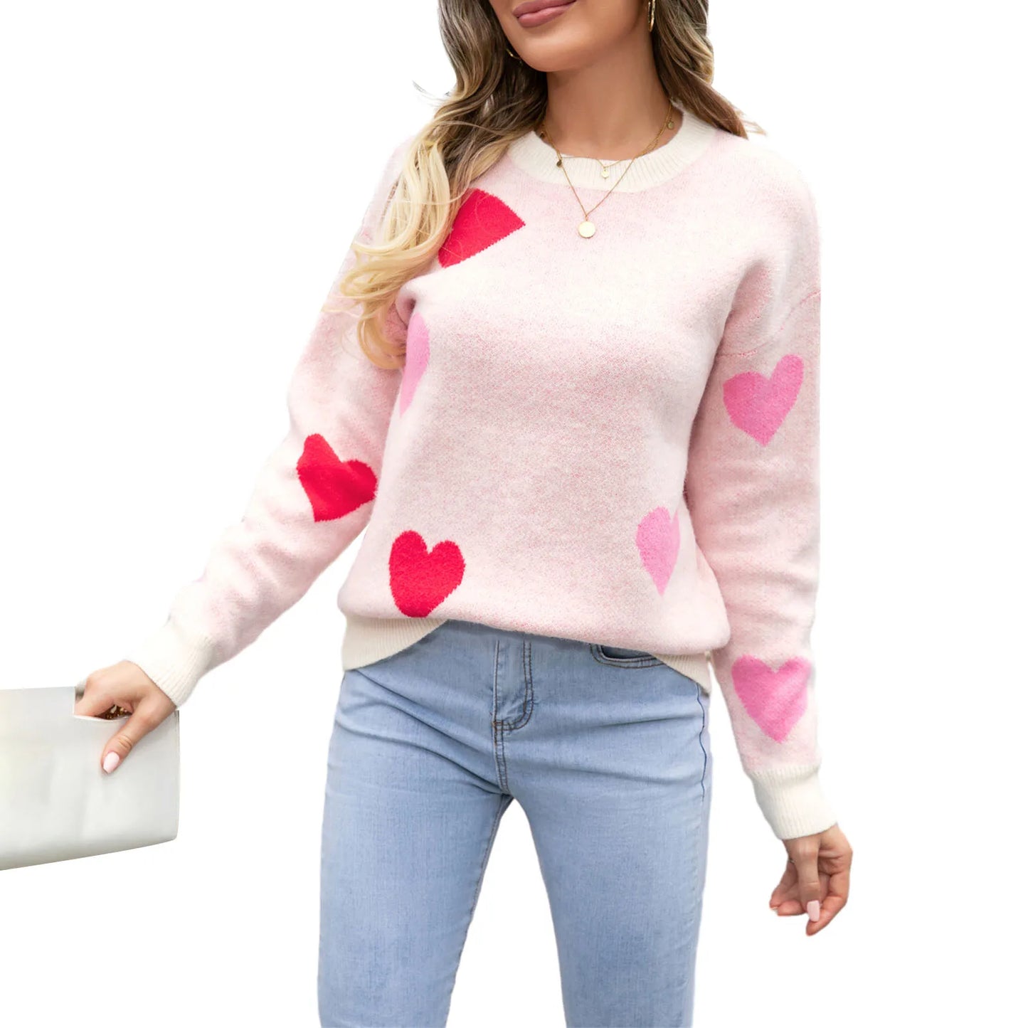 Heart Print Long Sleeve Loose Valentines Pullover