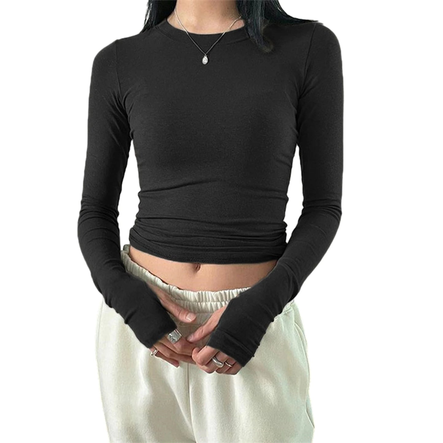 Women Casual Thumb Hole Shirt Trendy Fit Long Sleeve Round Neck Tops Summer Solid Color Tee