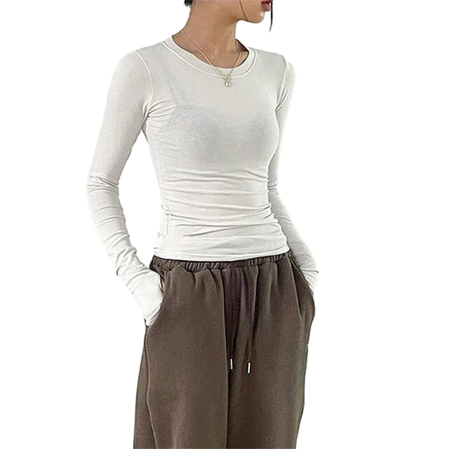 Women Casual Thumb Hole Shirt Trendy Fit Long Sleeve Round Neck Tops Summer Solid Color Tee