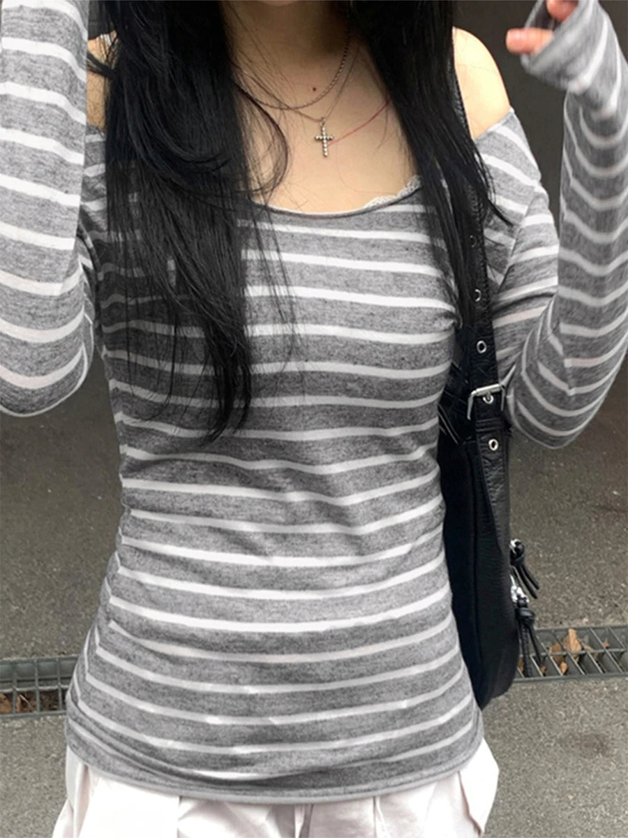 Women s Striped Off Shoulder Blouse with Long Sleeves - Stylish and Comfortable Casual Top for Autumn Fashion