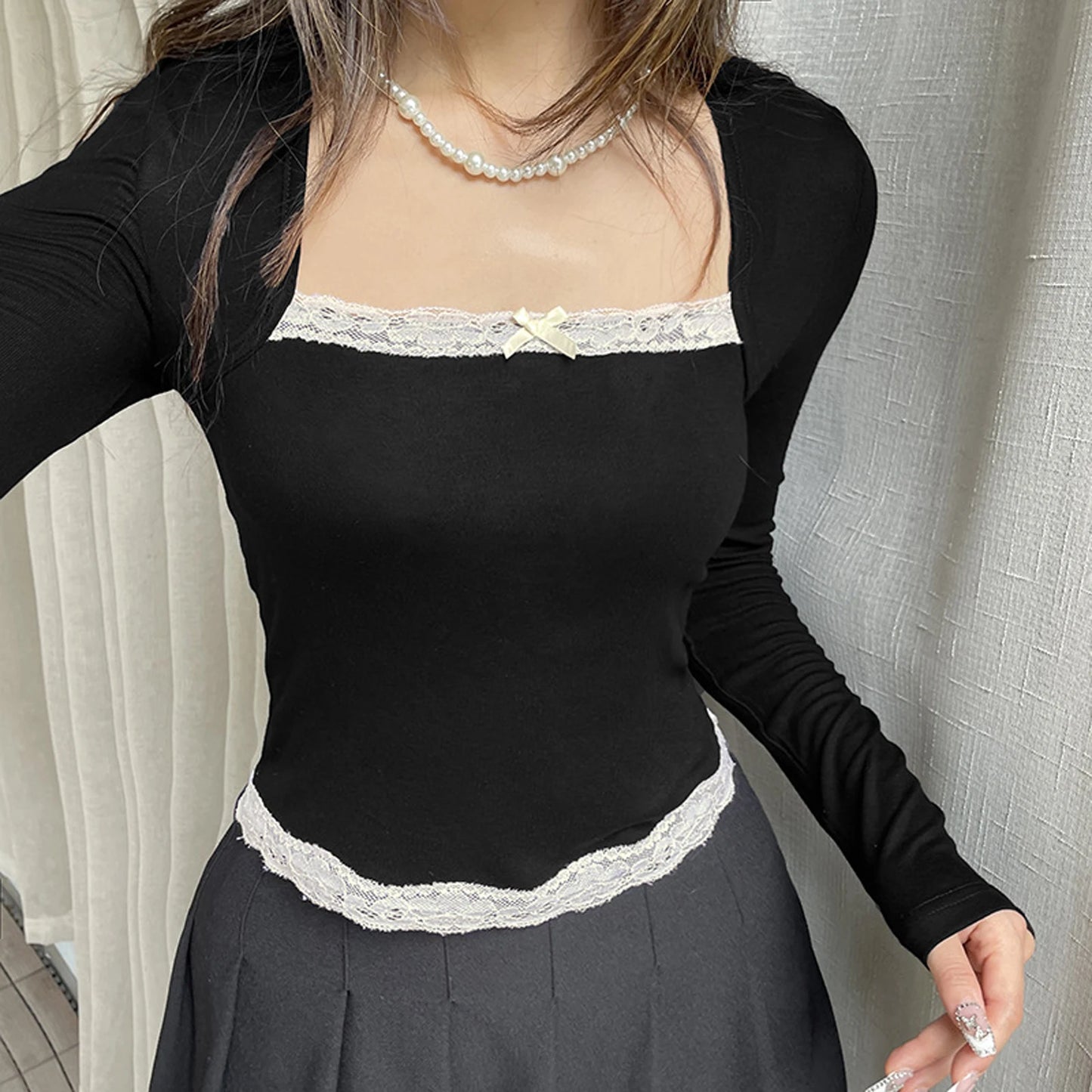 Women's Fashion Square Neck Tops Fake two Long Sleeve Spring Autumn Elegant Lace Trim Slim Fit T-shirt