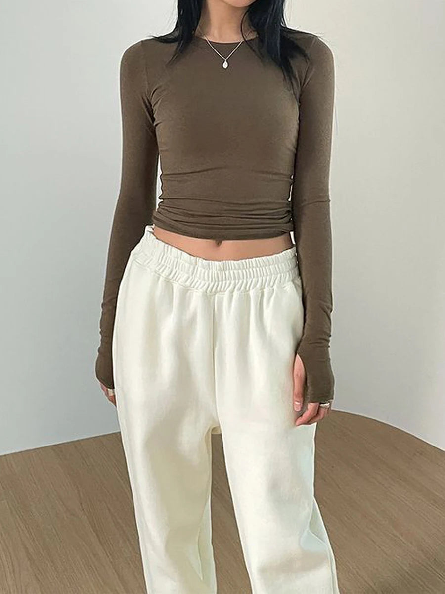Women Casual Thumb Hole Shirt Trendy Fit Long Sleeve Round Neck Tops Summer Solid Color Tee