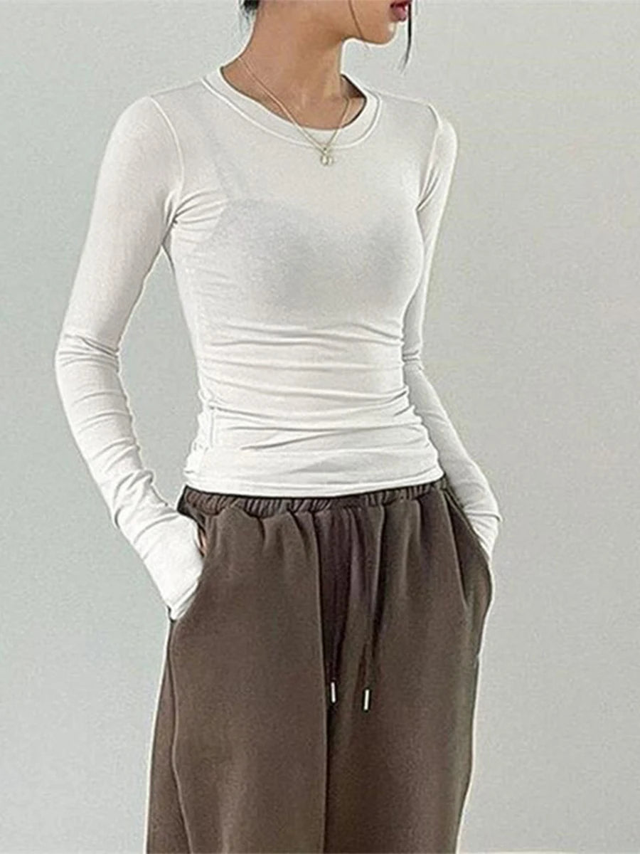 Women Casual Thumb Hole Shirt Trendy Fit Long Sleeve Round Neck Tops Summer Solid Color Tee