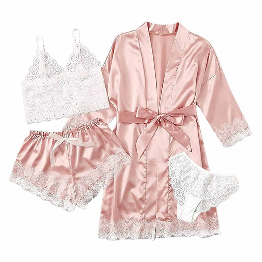 Sexy Pajama Robe Lace Satin  Silk Sleepwear